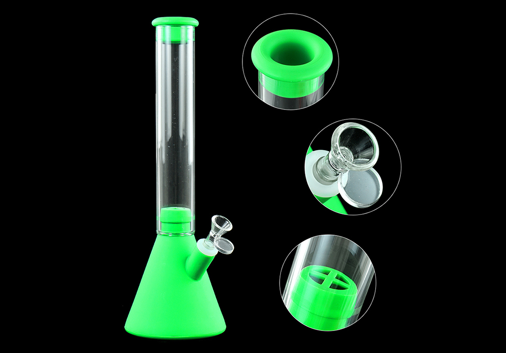 1010_706Silicone Smoking Bong Green Color Glass Smoking Water Pipe Tobacco Smoking Accessories H182