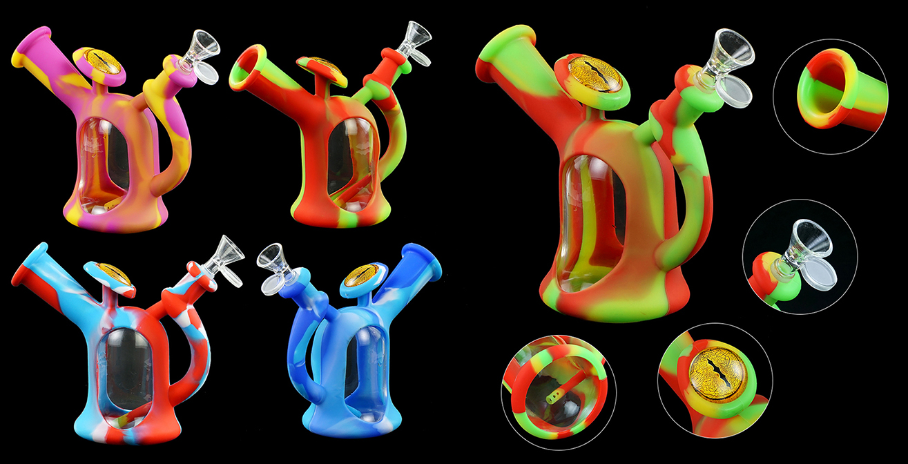 1315_672Silicone Smoking Bong Rainbow Color Glass Smoking Water Pipe Tobacco Smoking Accessories