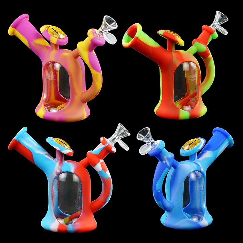 Silicone Smoking Bong Rainbow Color Glass Smoking Water Pipe Tobacco Smoking Accessories