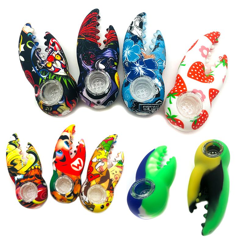 Silicone&Glass Smoking Pipe Printing Glass Bowl Crab Pincer Tobacco/Weed Pipe Smoking Accessories
