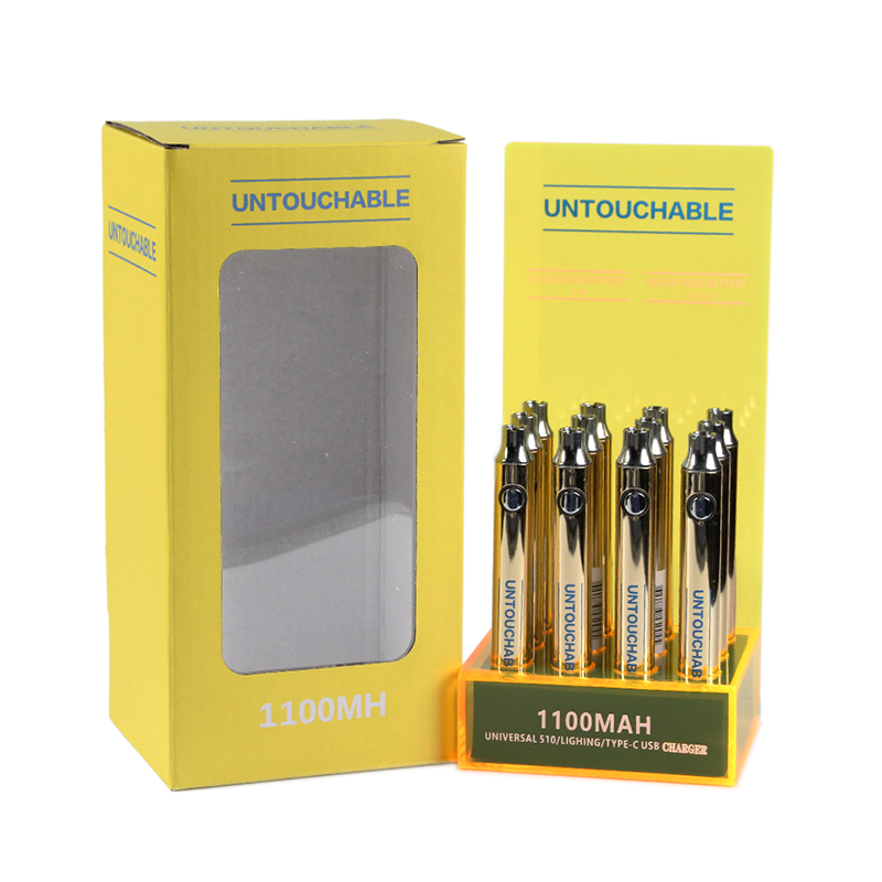 Gold Battery for CBD cartridge, 1100 mAh, 510 thread, USB charger, Mix Color Accept OEM Custom