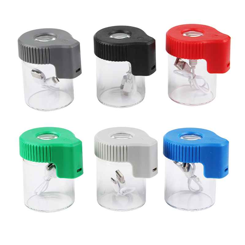 Light-Up LED Glass Storage Jars With Magnifying Viewing Herb Air Tight Jar USD Charging