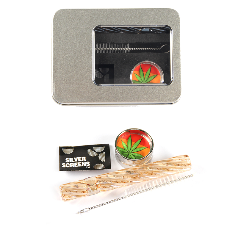 Smoking Kits Mini Herb Grinder ,Glass Tube Pipe ,Pipe cleaner and screen In a Metal box