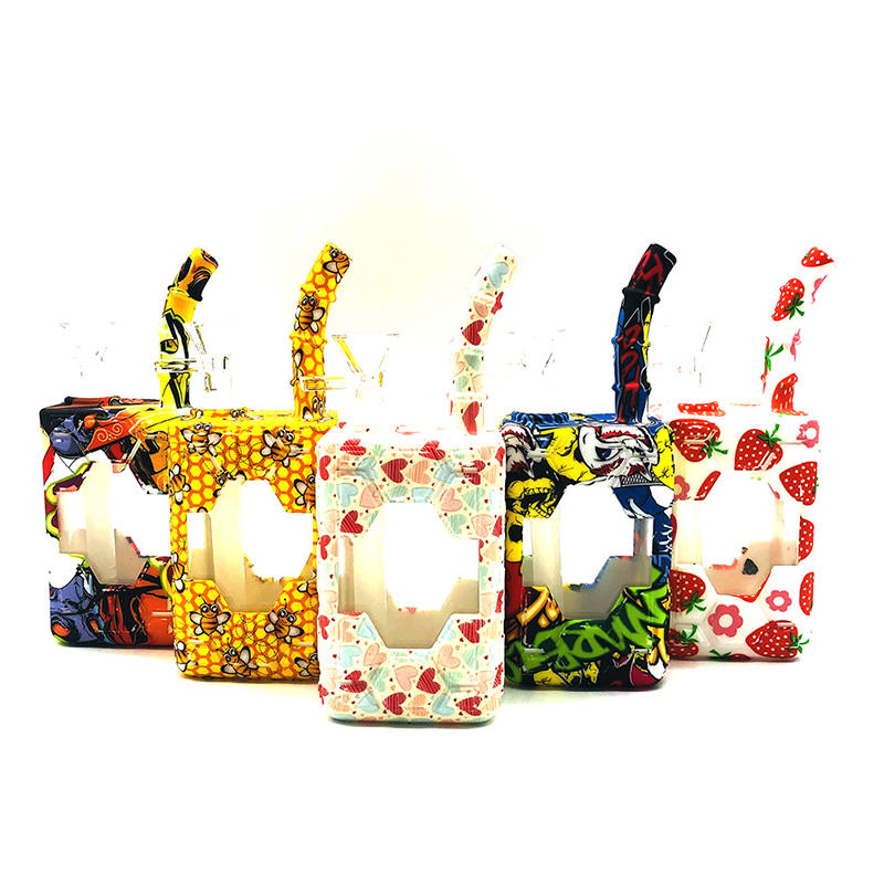Silicone Smoking Pipe Drink Bottle Printing Pattern Glass Bowl Smoking Water Pipe Tobacco Smoking Accessories HN07