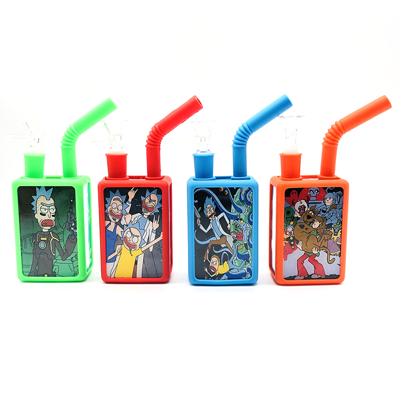 Silicone Smoking Pipe Drink Bottle Printing Pattern Glass Bowl Smoking Water Pipe Tobacco Smoking Accessories HN08