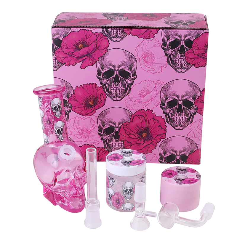 Skull Flower Glass Bong Water Smoking Pipe Herb Grinder Glass Jar Kits