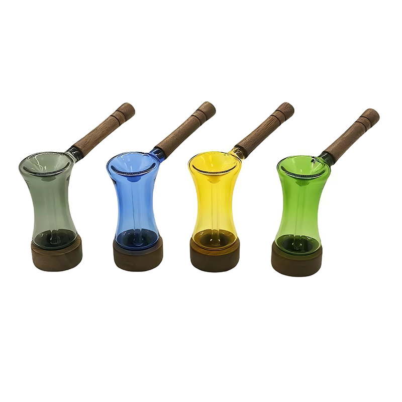 4.0 Inch Bubbler Glass Smoking Pipe Glass Pipe with Wood Design on Bottom and Handle Smoking Accessories